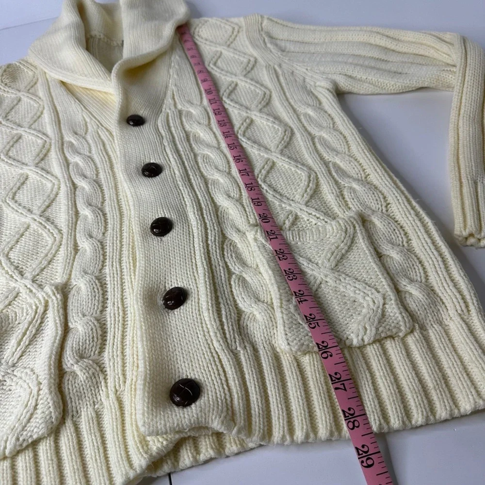 Vintage Unicorn Cable Knit Cardigan Sweater Cream Shawl Collar Fisherman Sz M